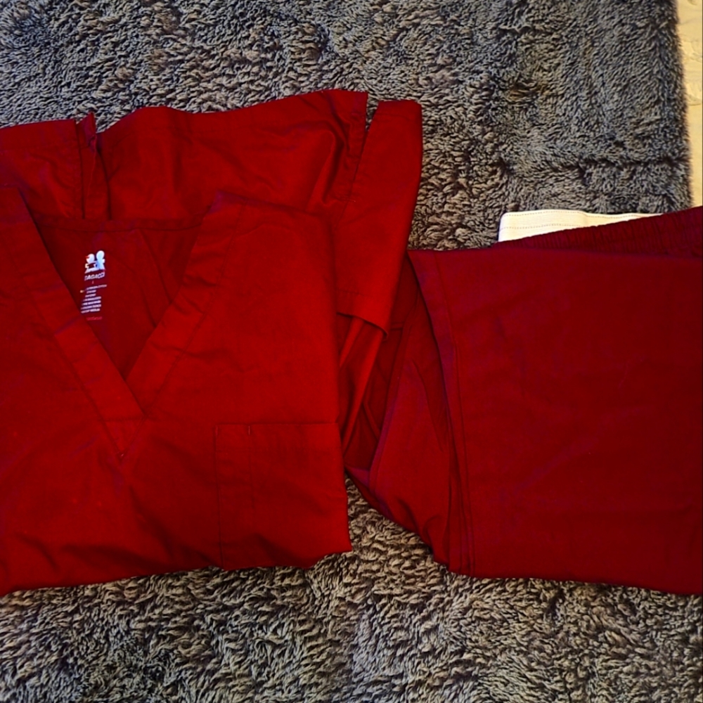 Maroon large top, XL bottom scrub set.